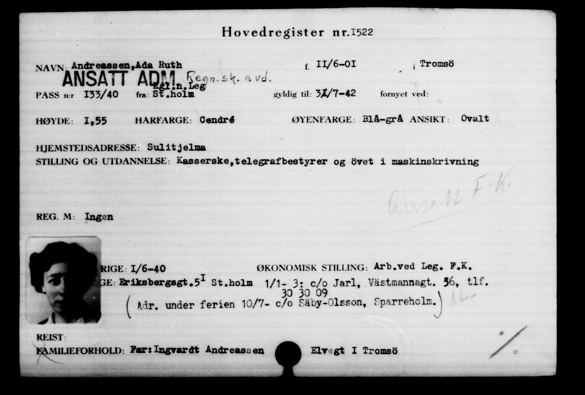 Den Kgl. Norske Legasjons Flyktningskontor, AV/RA-S-6753/V/Va/L0002: Kjesäterkartoteket.  Flyktningenr. 1001-2000, 1940-1945, p. 738