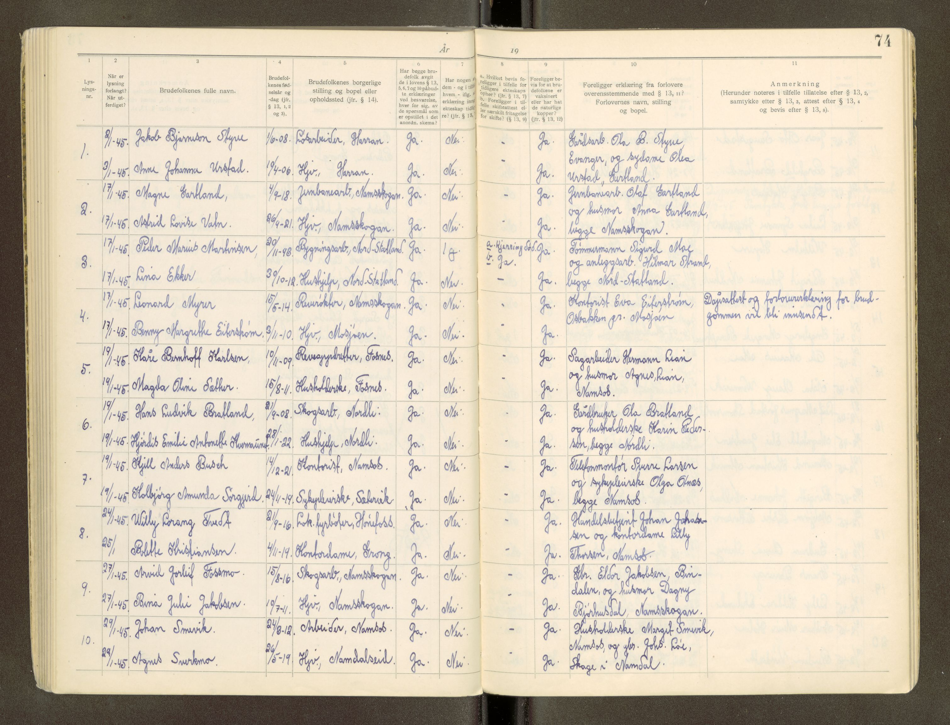 Namdal sorenskriveri, AV/SAT-A-4133/1/6/6D/L0002: Vigselbøker, 1940-1969, p. 74