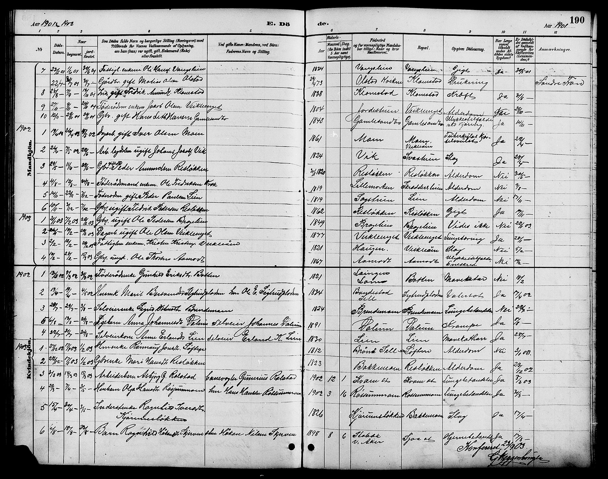 Nord-Fron prestekontor, SAH/PREST-080/H/Ha/Hab/L0006: Parish register (copy) no. 6, 1887-1914, p. 190