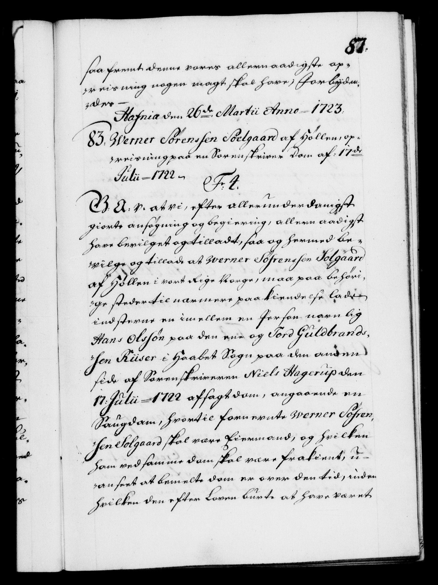 Danske Kanselli 1572-1799, AV/RA-EA-3023/F/Fc/Fca/Fcaa/L0024: Norske registre, 1723-1725, p. 87a