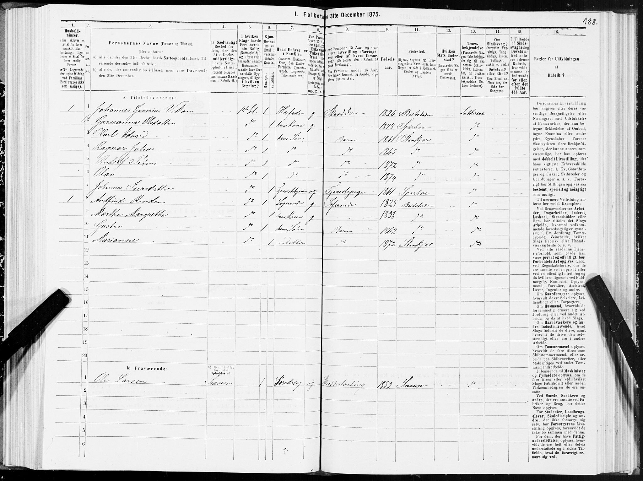 SAT, 1875 census for 1702B Steinkjer/Steinkjer, 1875, p. 188