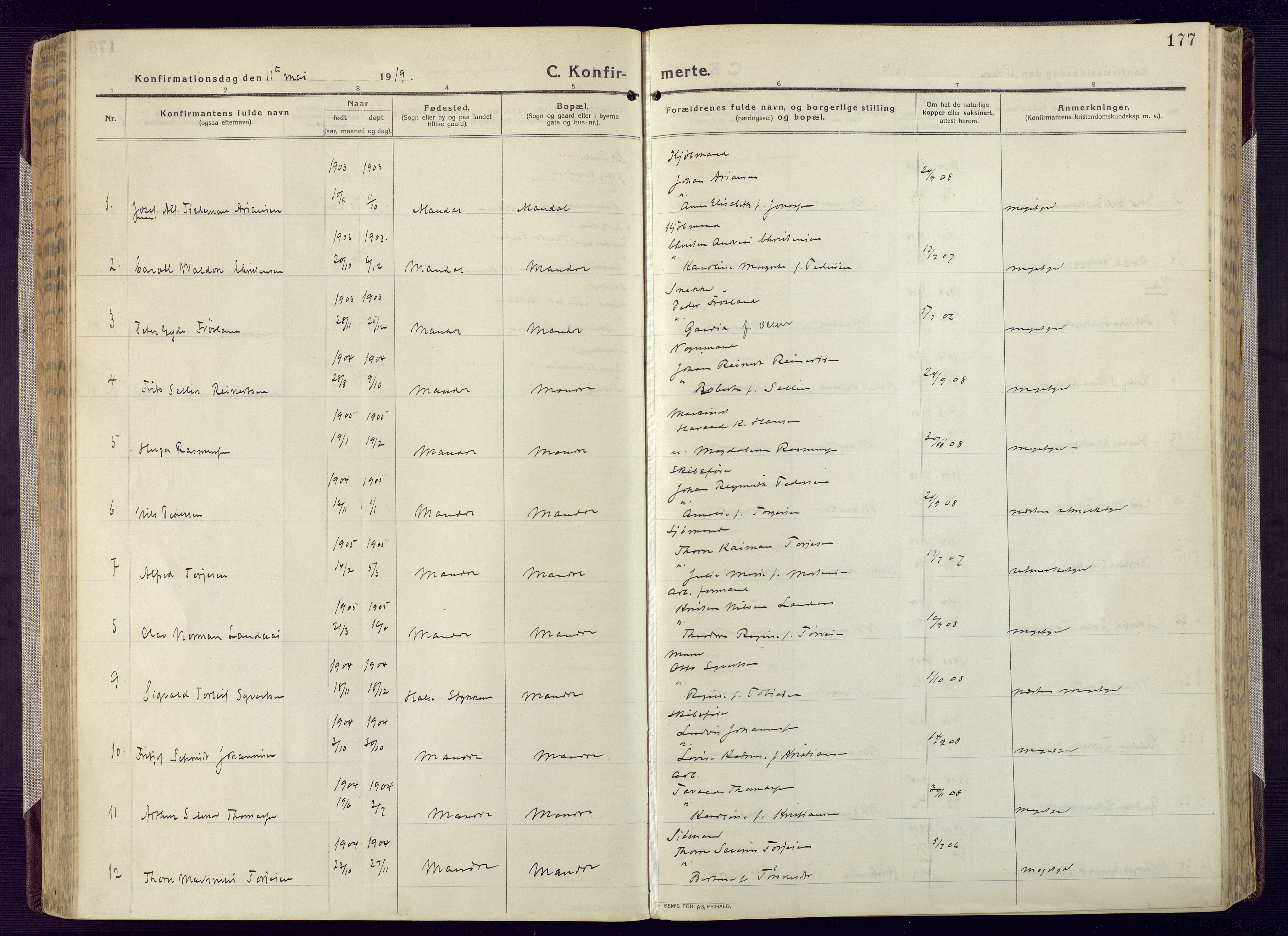 Mandal sokneprestkontor, AV/SAK-1111-0030/F/Fa/Fac/L0001: Parish register (official) no. A 1, 1913-1925, p. 177