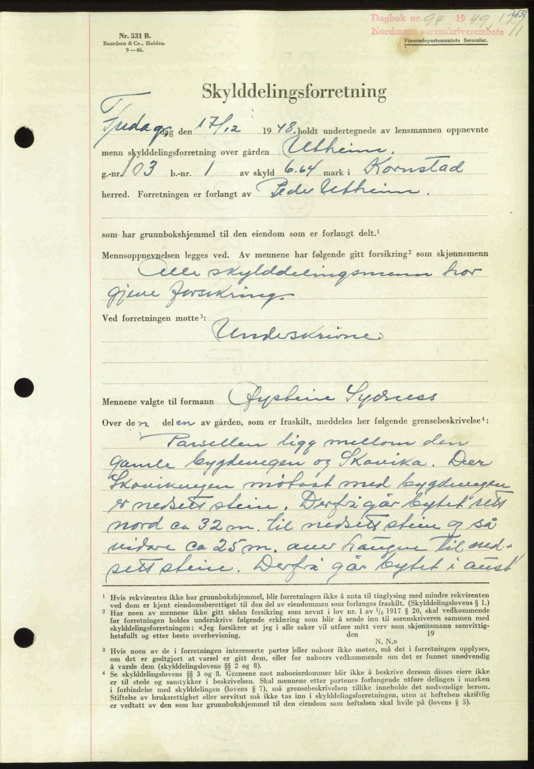 Nordmøre sorenskriveri, AV/SAT-A-4132/1/2/2Ca: Mortgage book no. A110, 1948-1949, Diary no: : 94/1949