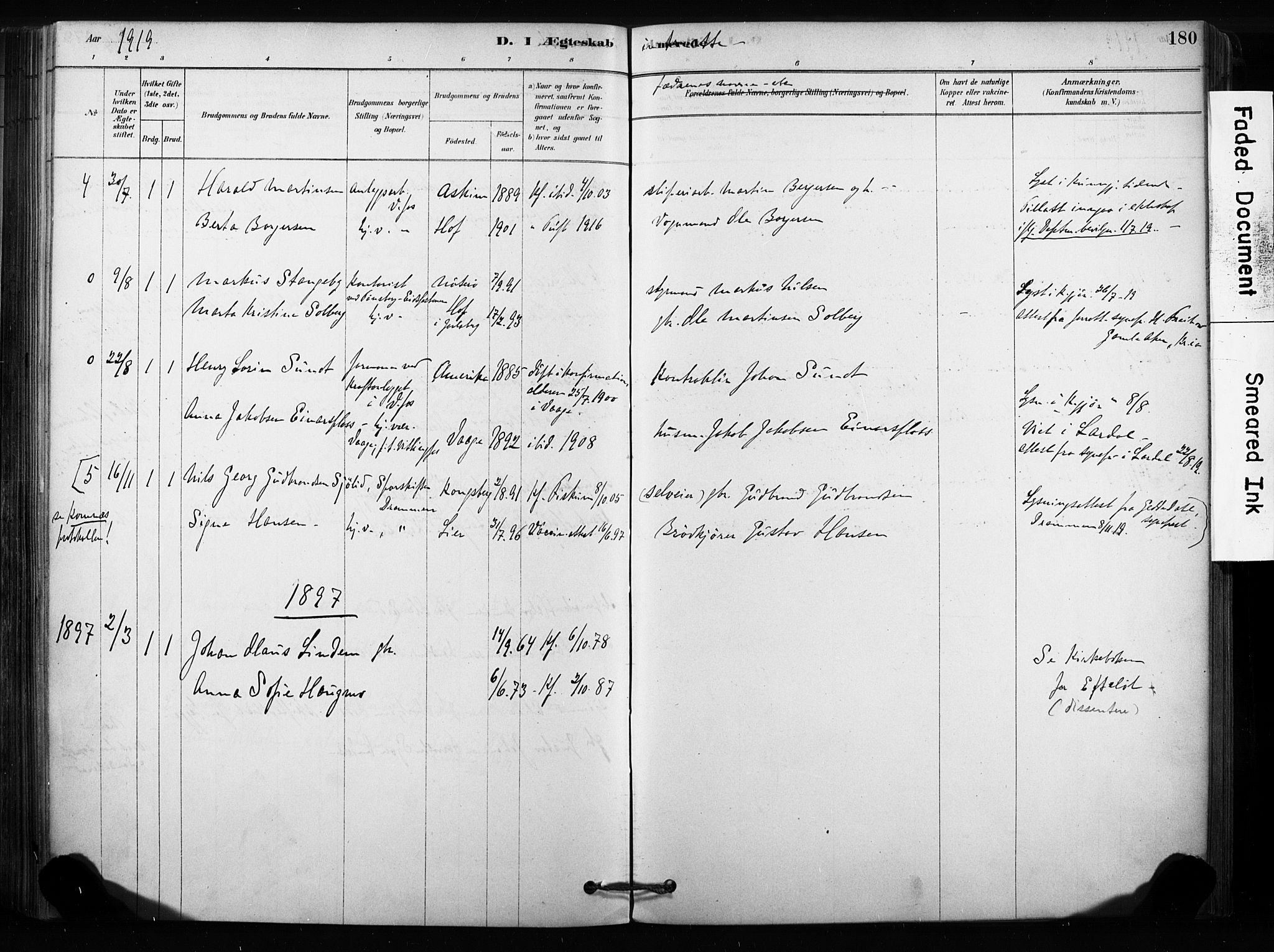 Sandsvær kirkebøker, AV/SAKO-A-244/F/Fc/L0001: Parish register (official) no. III 1, 1878-1923, p. 180