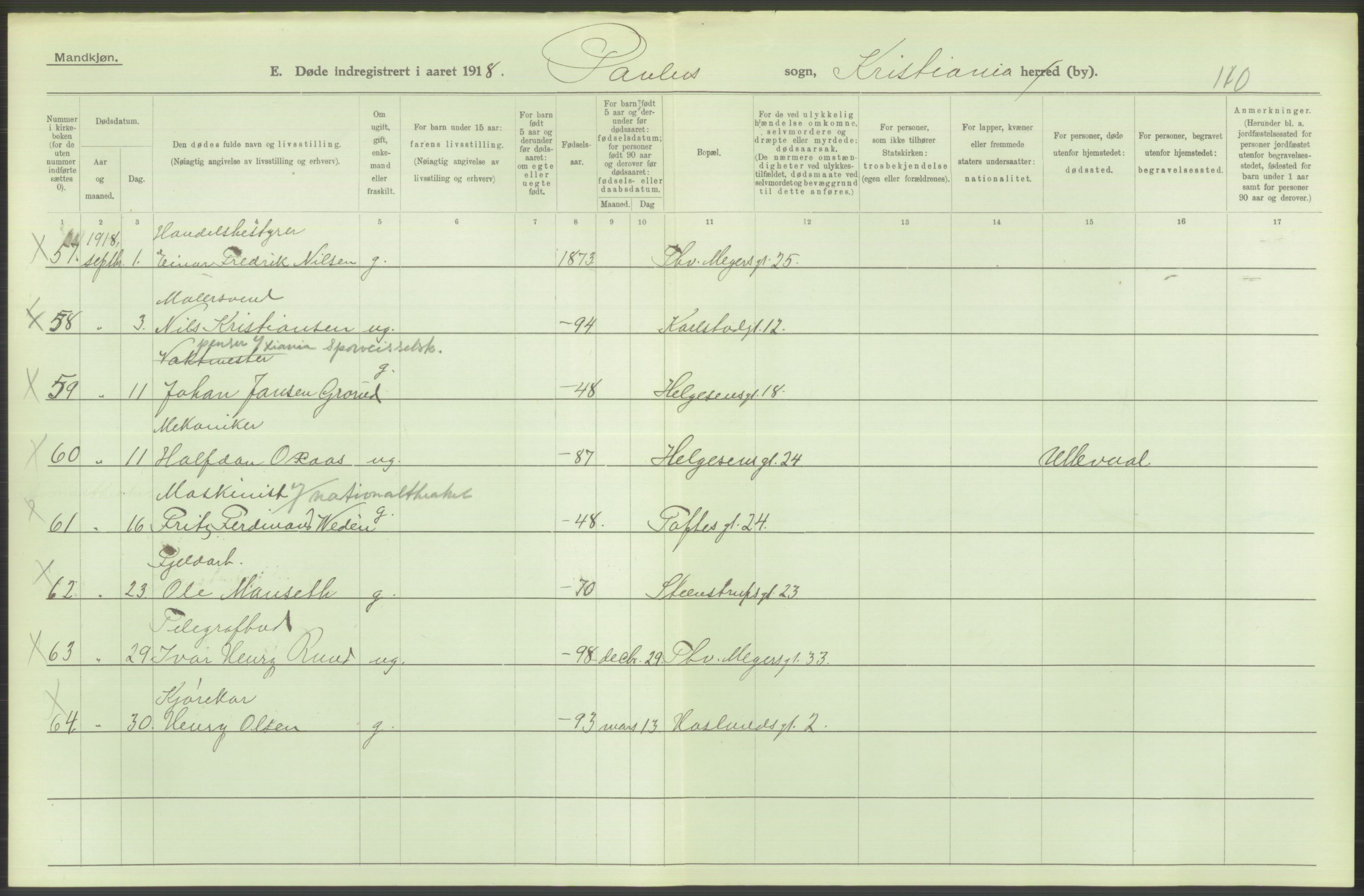 Statistisk sentralbyrå, Sosiodemografiske emner, Befolkning, AV/RA-S-2228/D/Df/Dfb/Dfbh/L0010: Kristiania: Døde, 1918, p. 644