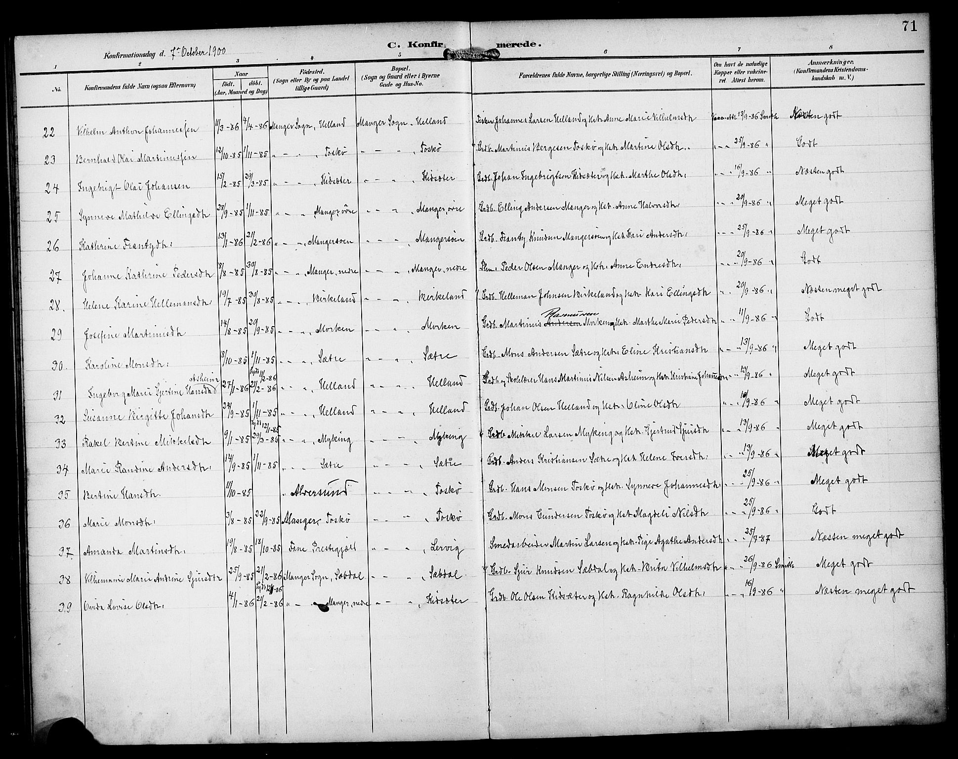 Manger sokneprestembete, SAB/A-76801/H/Haa: Parish register (official) no. B 2, 1893-1906, p. 71