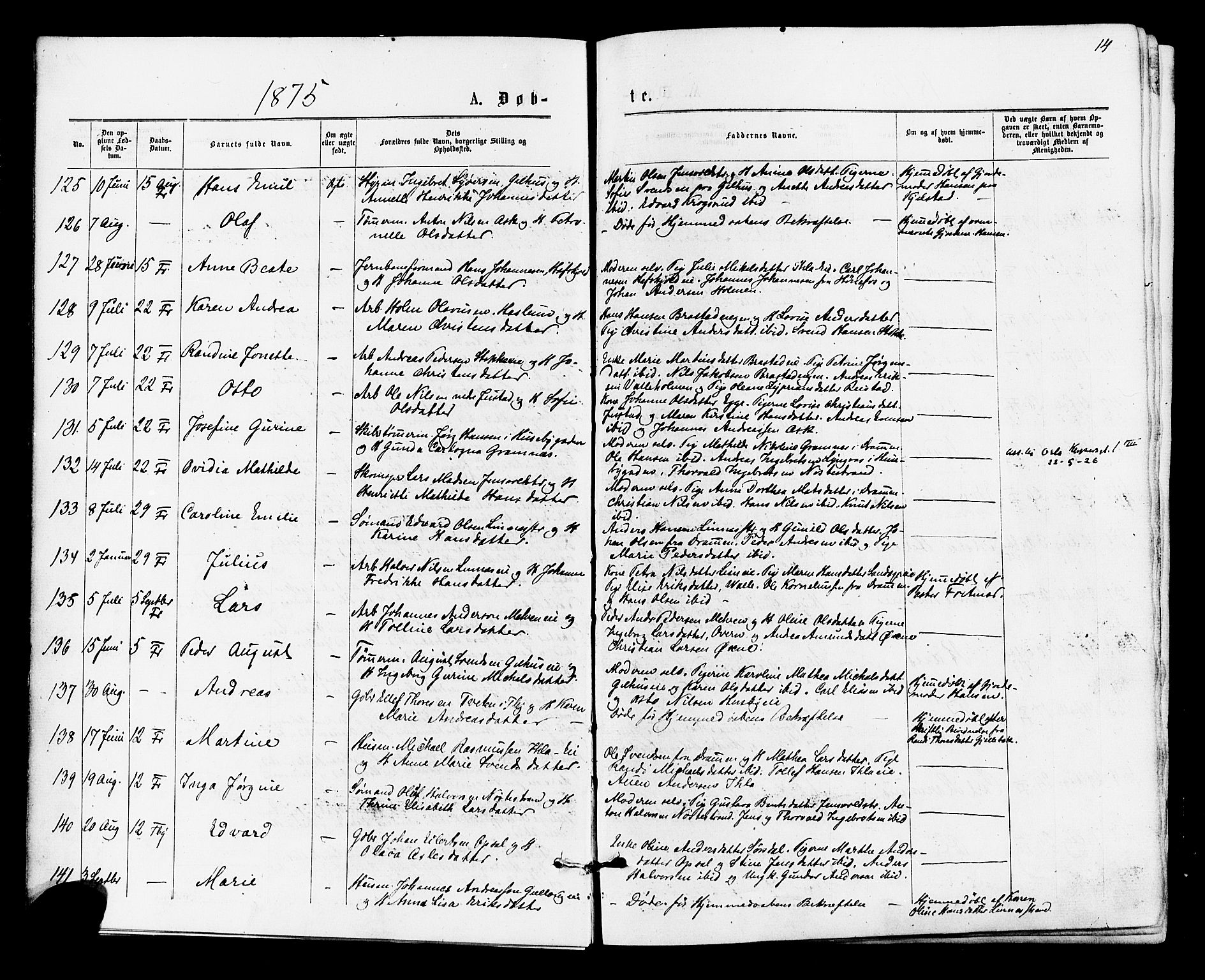 Lier kirkebøker, SAKO/A-230/F/Fa/L0014: Parish register (official) no. I 14, 1875-1882, p. 14