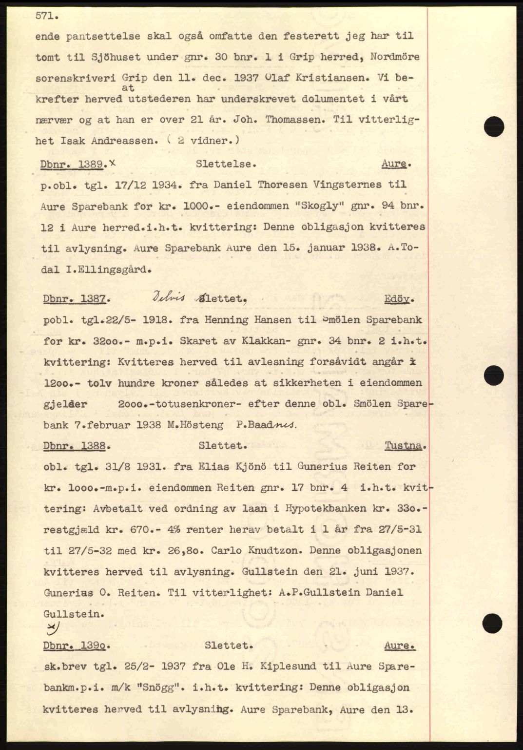 Nordmøre sorenskriveri, AV/SAT-A-4132/1/2/2Ca: Mortgage book no. C80, 1936-1939, Diary no: : 1389/1938