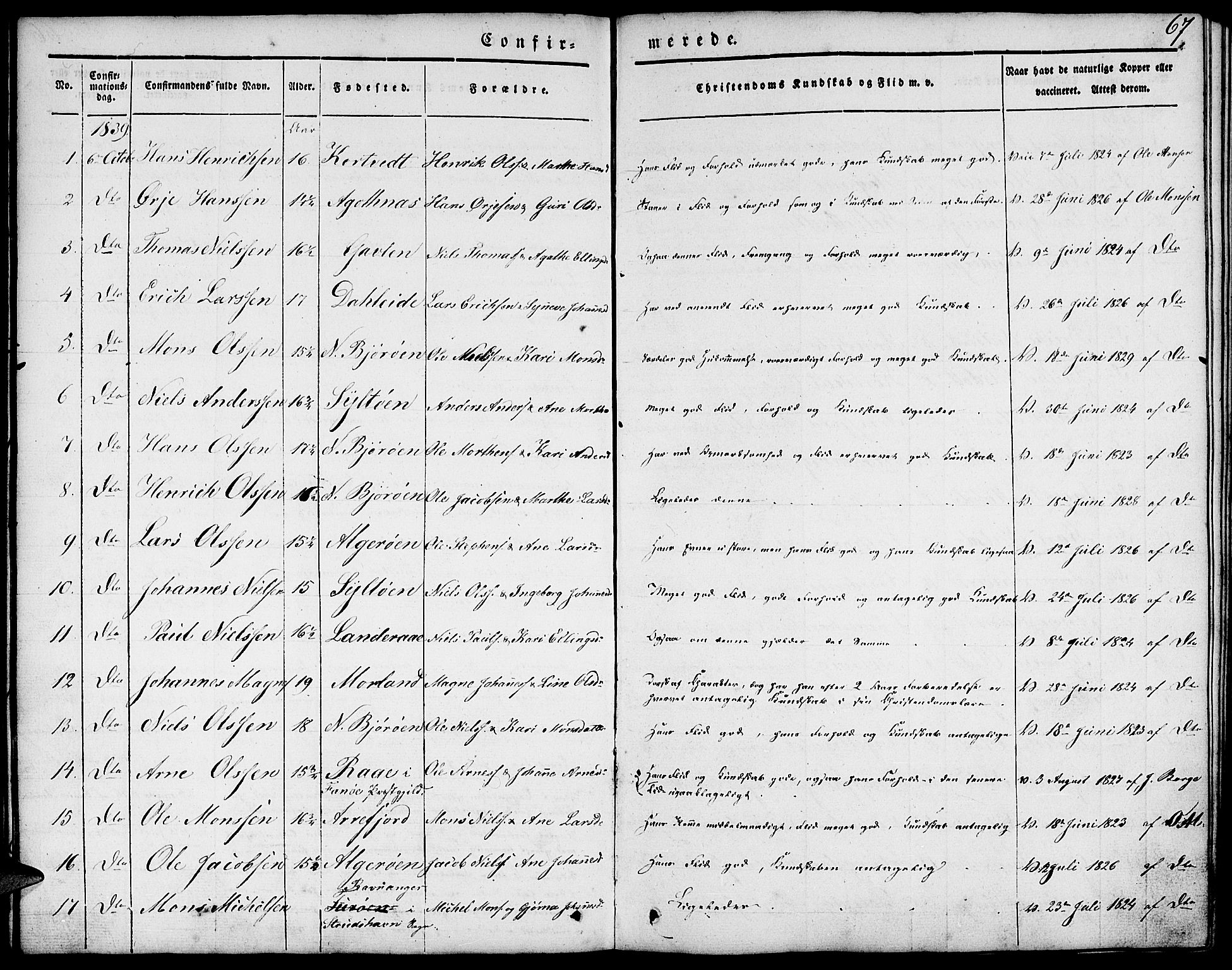 Fjell sokneprestembete, SAB/A-75301/H/Haa: Parish register (official) no. A 1, 1835-1850, p. 67