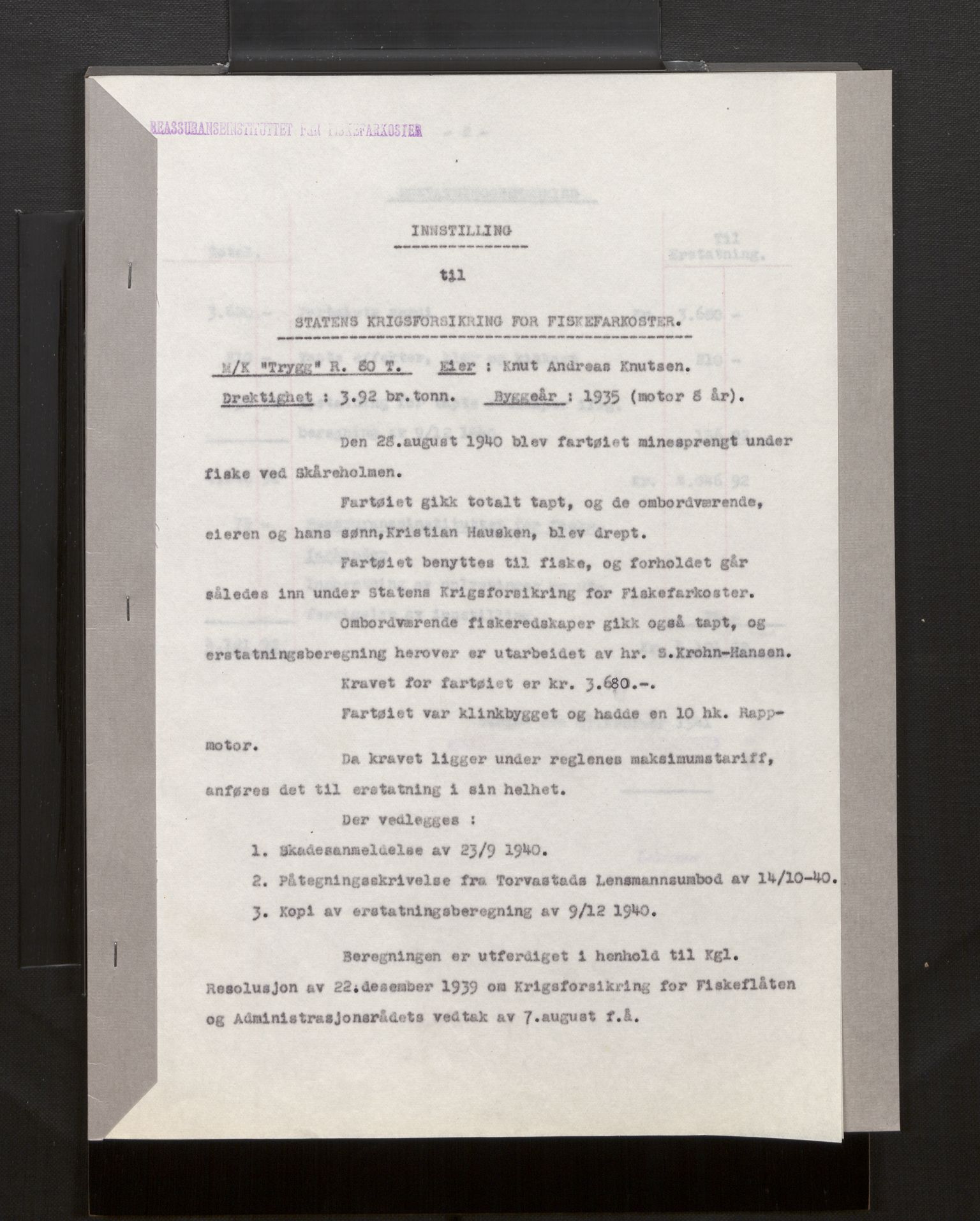 Fiskeridirektoratet - 1 Adm. ledelse - 13 Båtkontoret, AV/SAB-A-2003/La/L0008: Statens krigsforsikring for fiskeflåten, 1936-1971, p. 354