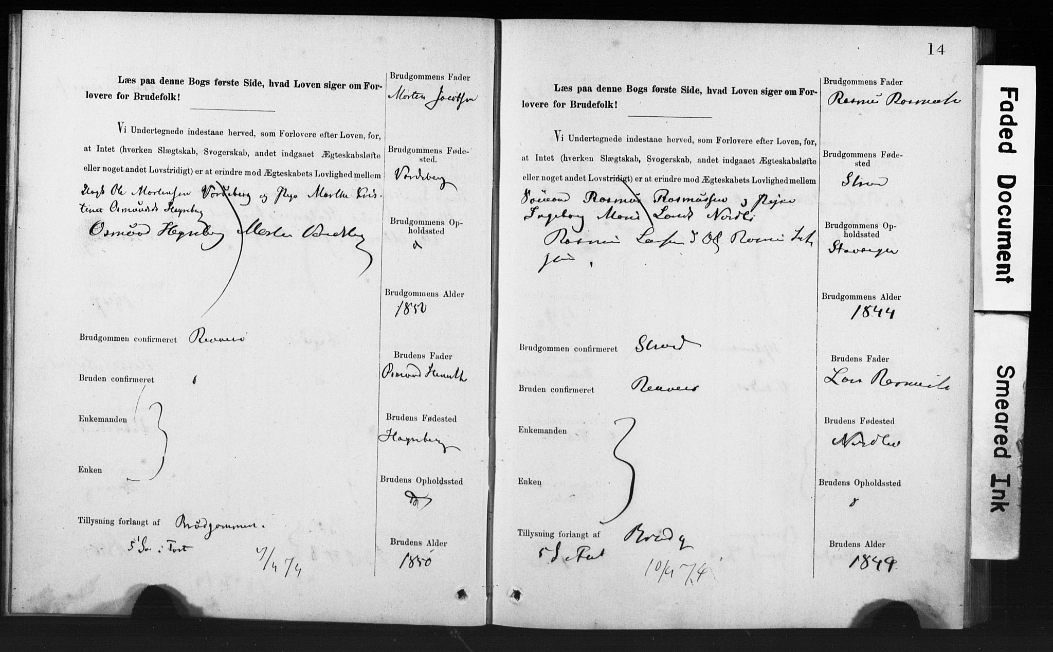 Rennesøy sokneprestkontor, AV/SAST-A -101827/I/Ie/L0001: Banns register no. 1, 1873-1898, p. 14