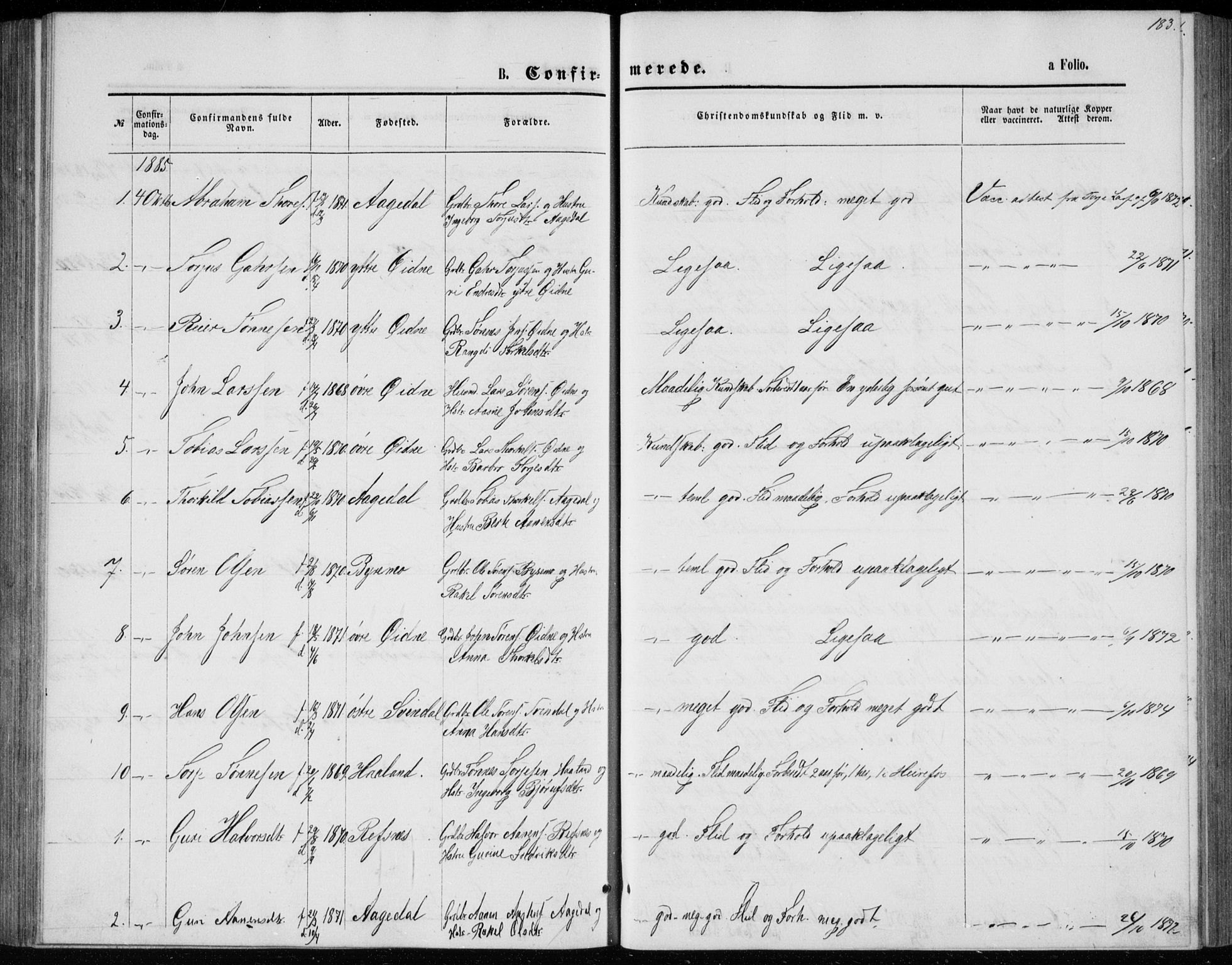 Bjelland sokneprestkontor, SAK/1111-0005/F/Fb/Fbc/L0002: Parish register (copy) no. B 2, 1867-1887, p. 183