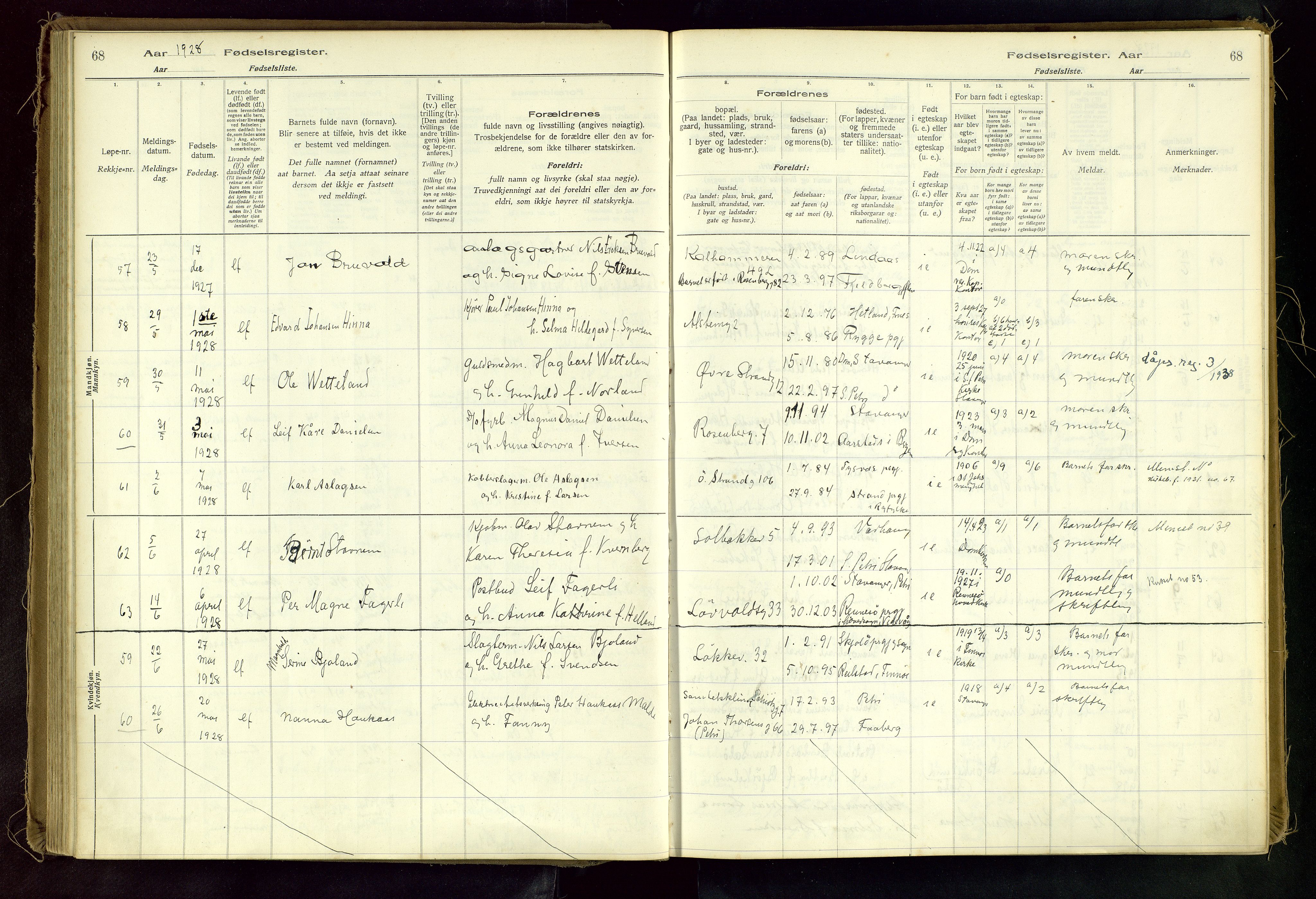 Domkirken sokneprestkontor, AV/SAST-A-101812/002/A/L0001: Birth register no. 1, 1925-1932, p. 68