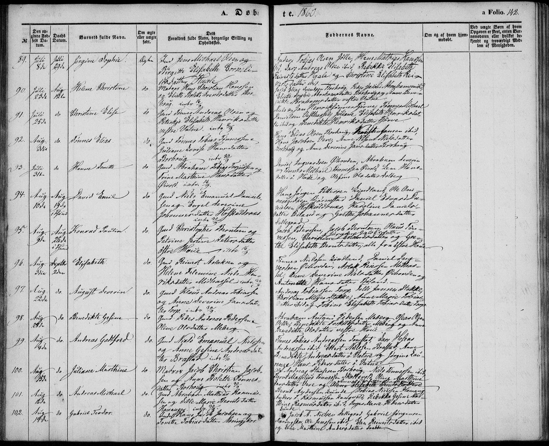 Lista sokneprestkontor, AV/SAK-1111-0027/F/Fb/L0002: Parish register (copy) no. B 2, 1847-1862, p. 142