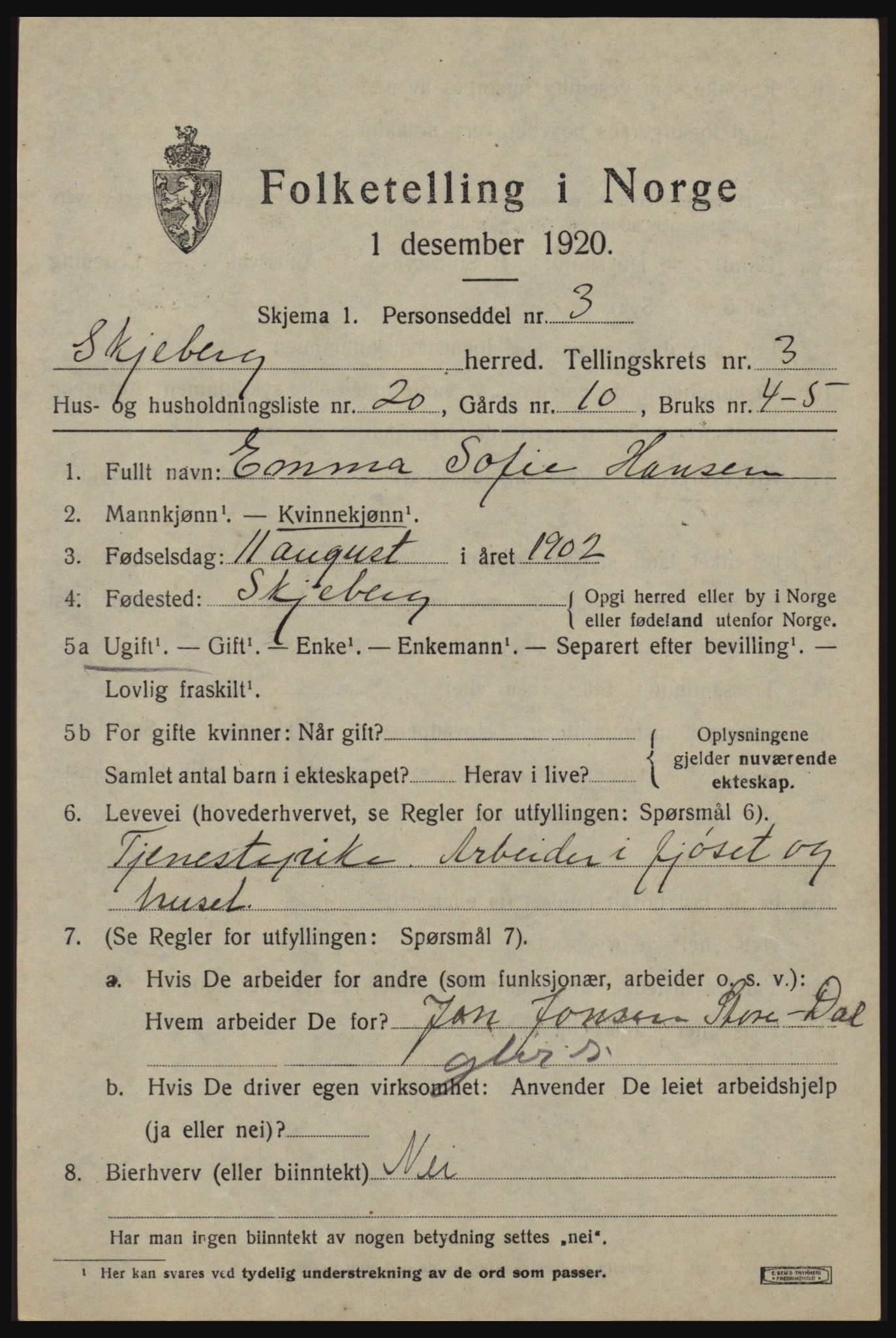 SAO, 1920 census for Skjeberg, 1920, p. 4607