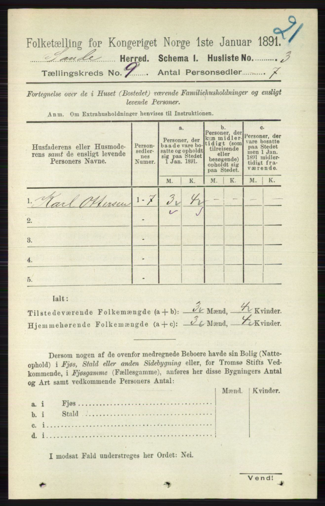 RA, 1891 census for 0713 Sande, 1891, p. 3847