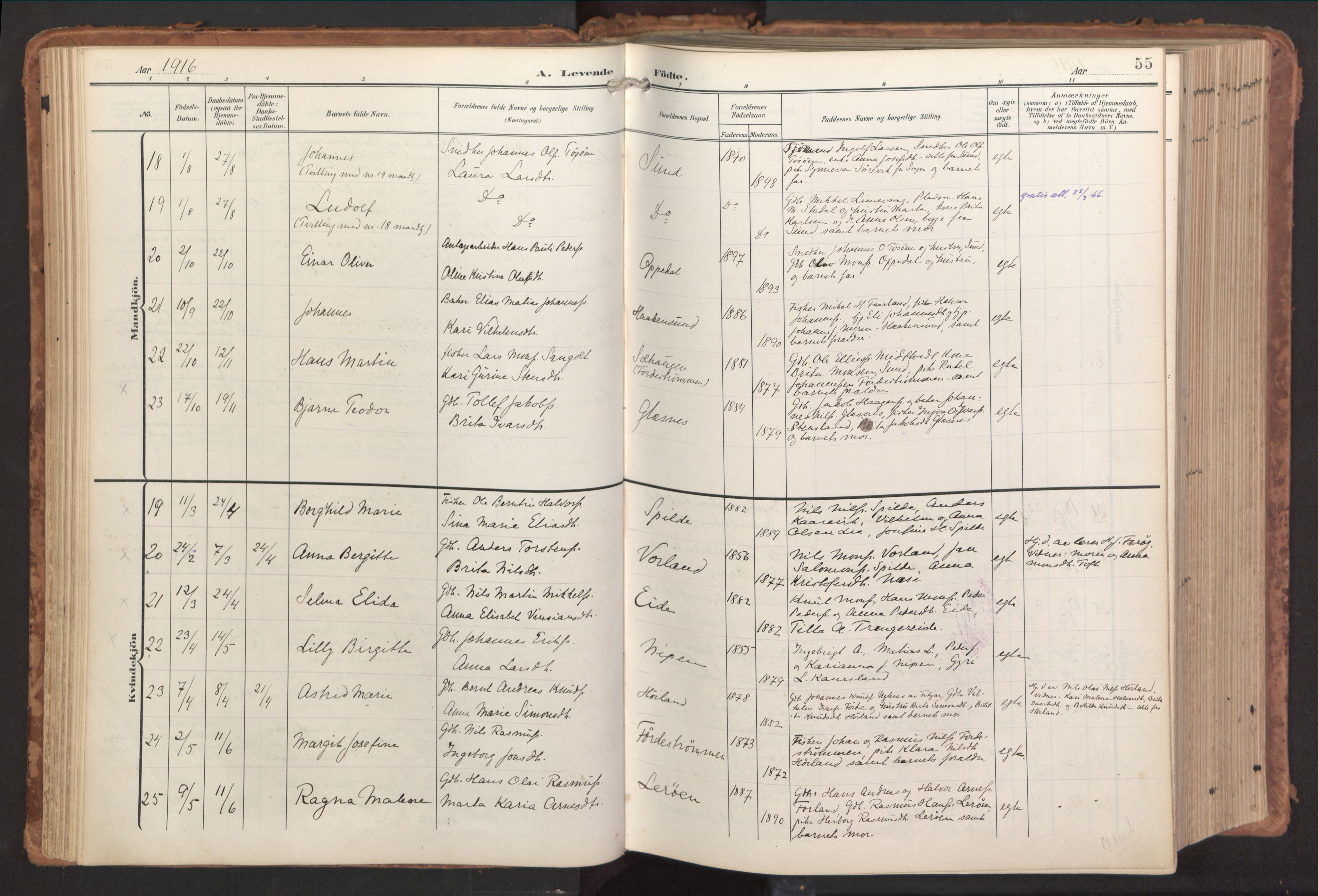 Sund sokneprestembete, AV/SAB-A-99930: Parish register (official) no. B 2, 1907-1926, p. 55