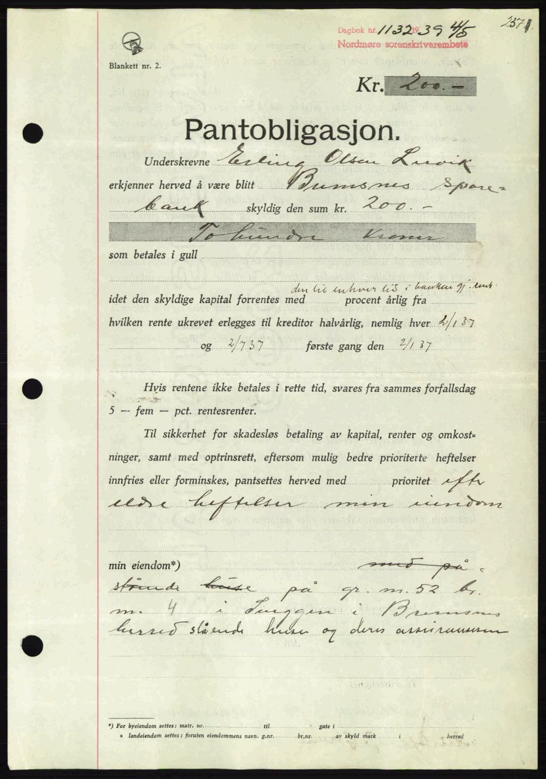 Nordmøre sorenskriveri, AV/SAT-A-4132/1/2/2Ca: Mortgage book no. B85, 1939-1939, Diary no: : 1132/1939