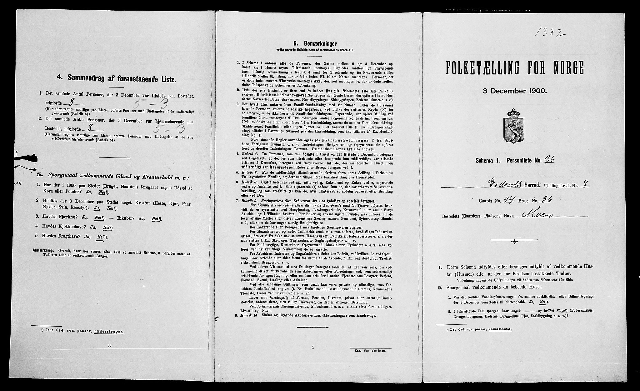 SAO, 1900 census for Eidsvoll, 1900