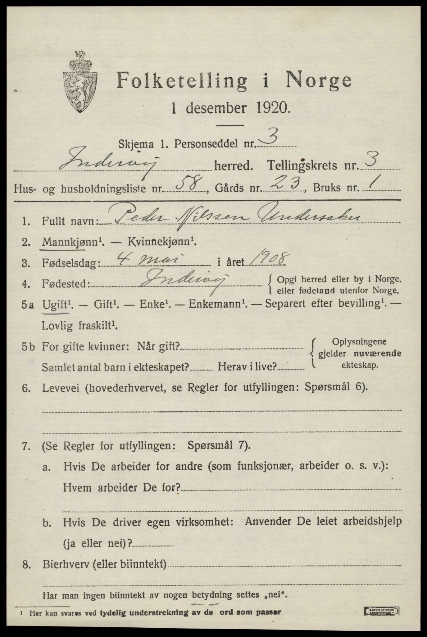 SAT, 1920 census for Inderøy, 1920, p. 3329