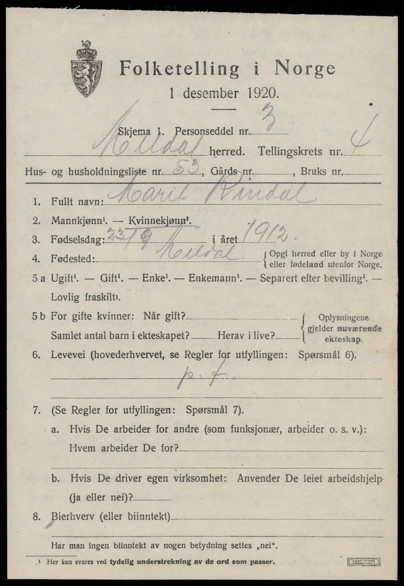 SAT, 1920 census for Meldal, 1920, p. 4437