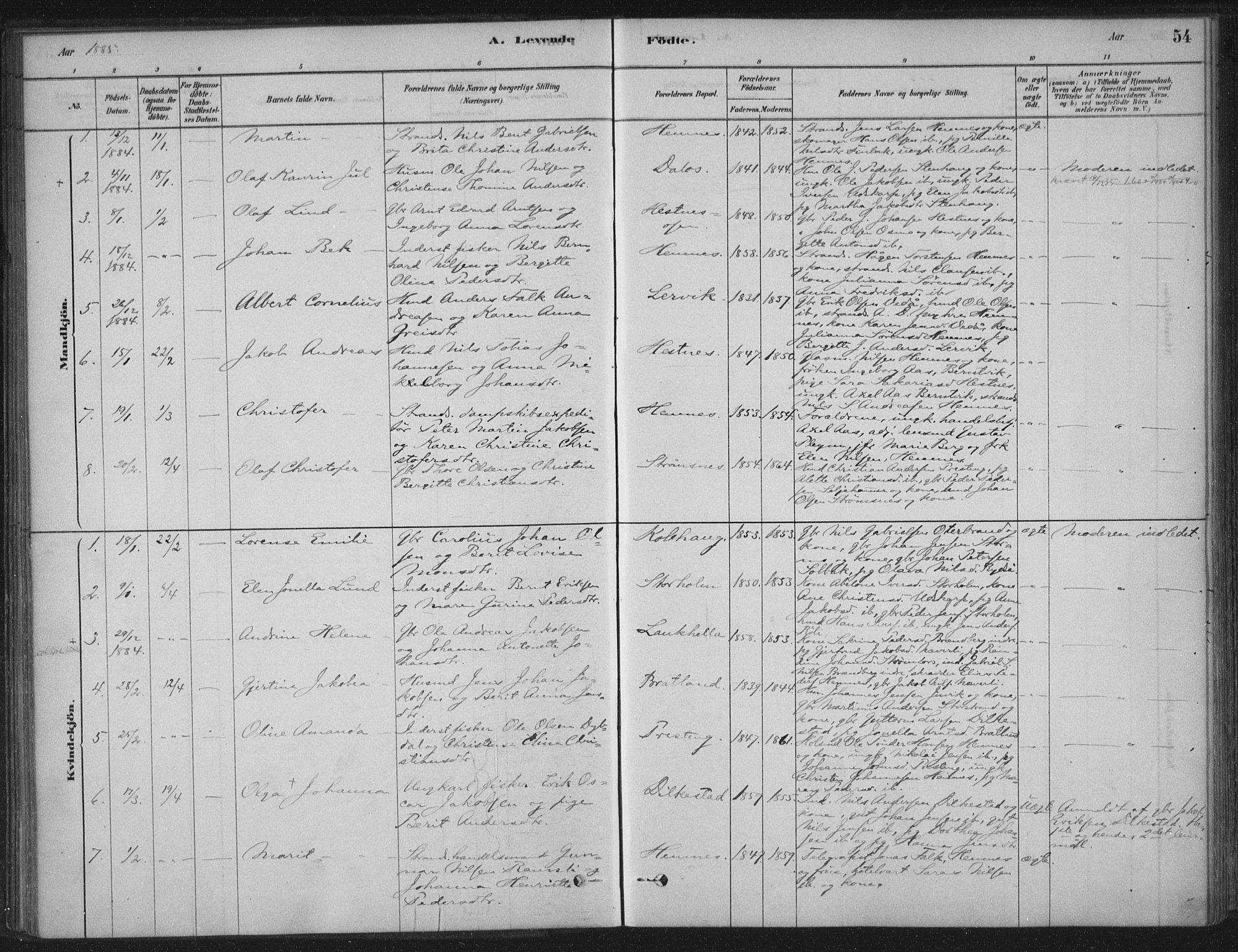 Ministerialprotokoller, klokkerbøker og fødselsregistre - Nordland, AV/SAT-A-1459/825/L0361: Parish register (official) no. 825A15, 1878-1893, p. 54