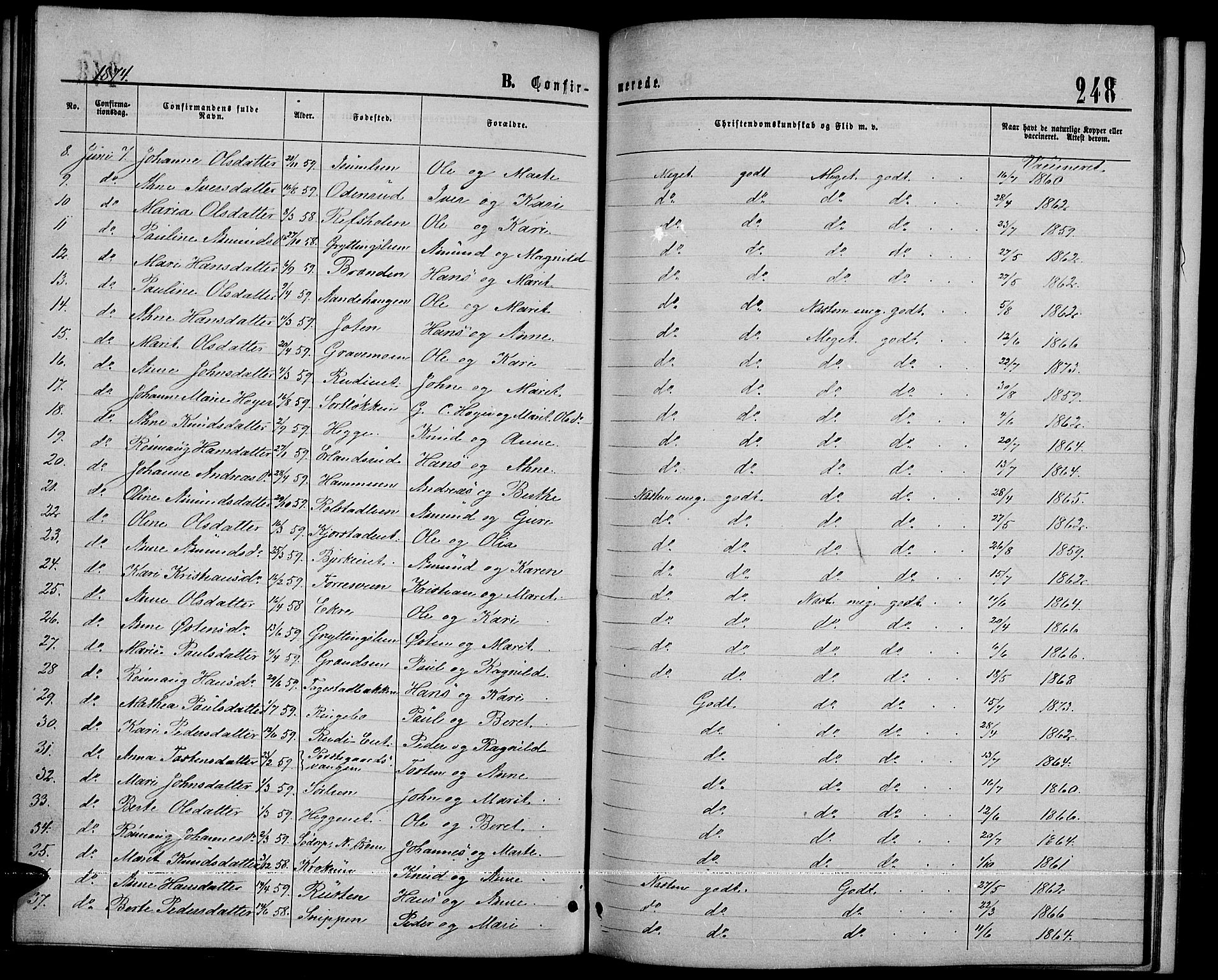 Sør-Fron prestekontor, SAH/PREST-010/H/Ha/Hab/L0002: Parish register (copy) no. 2, 1864-1883, p. 248