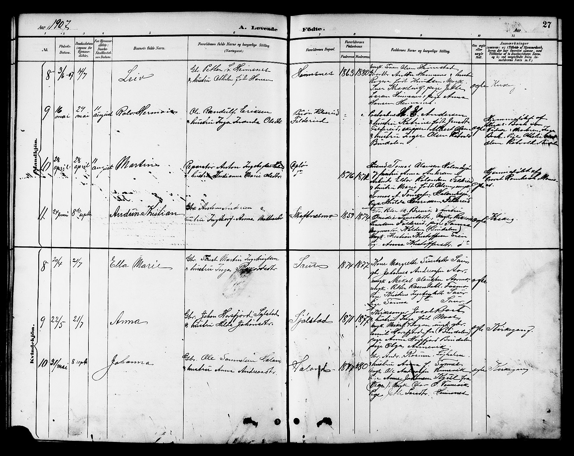 Ministerialprotokoller, klokkerbøker og fødselsregistre - Nord-Trøndelag, AV/SAT-A-1458/783/L0662: Parish register (copy) no. 783C02, 1894-1919, p. 27