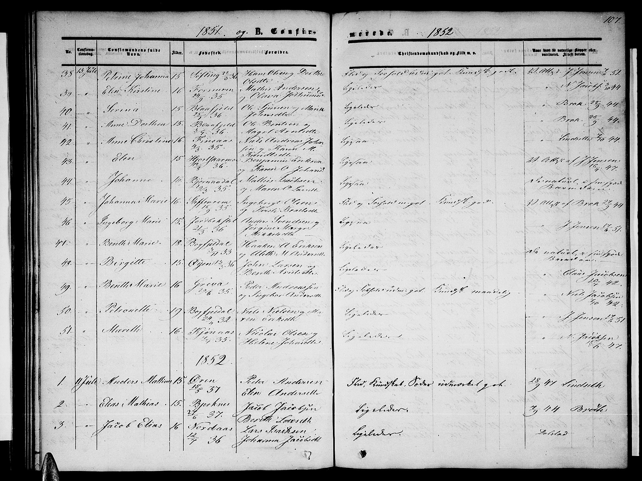 Ministerialprotokoller, klokkerbøker og fødselsregistre - Nordland, AV/SAT-A-1459/820/L0301: Parish register (copy) no. 820C03, 1851-1858, p. 107