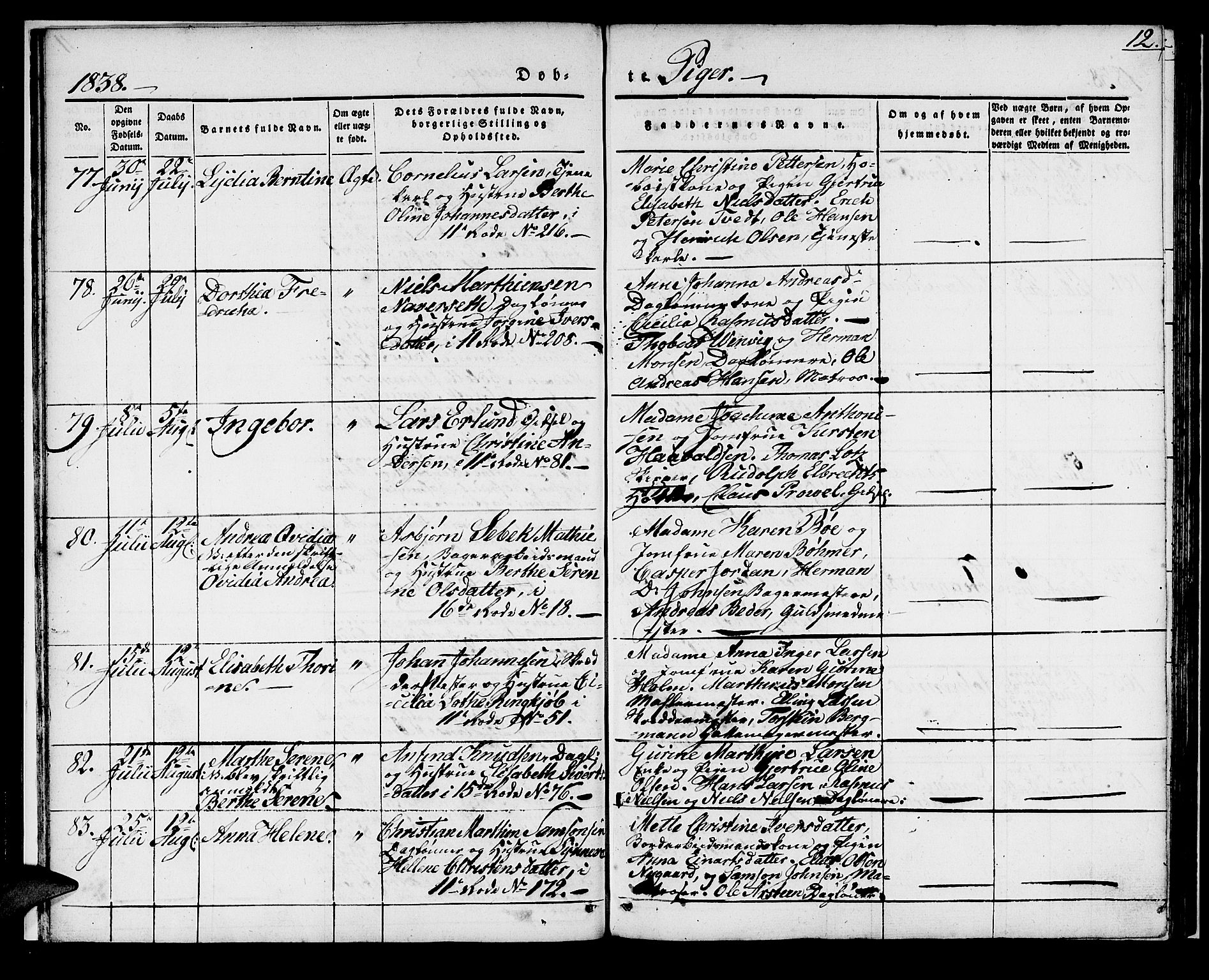 Domkirken sokneprestembete, SAB/A-74801/H/Haa/L0018: Parish register (official) no. B 1, 1838-1840, p. 12