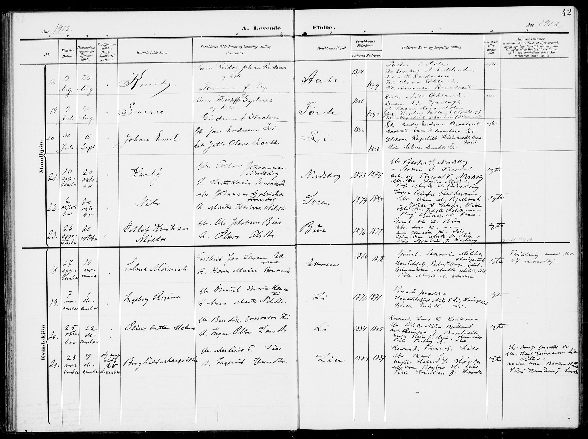 Sveio Sokneprestembete, AV/SAB-A-78501/H/Haa: Parish register (official) no. B  4, 1906-1919, p. 42