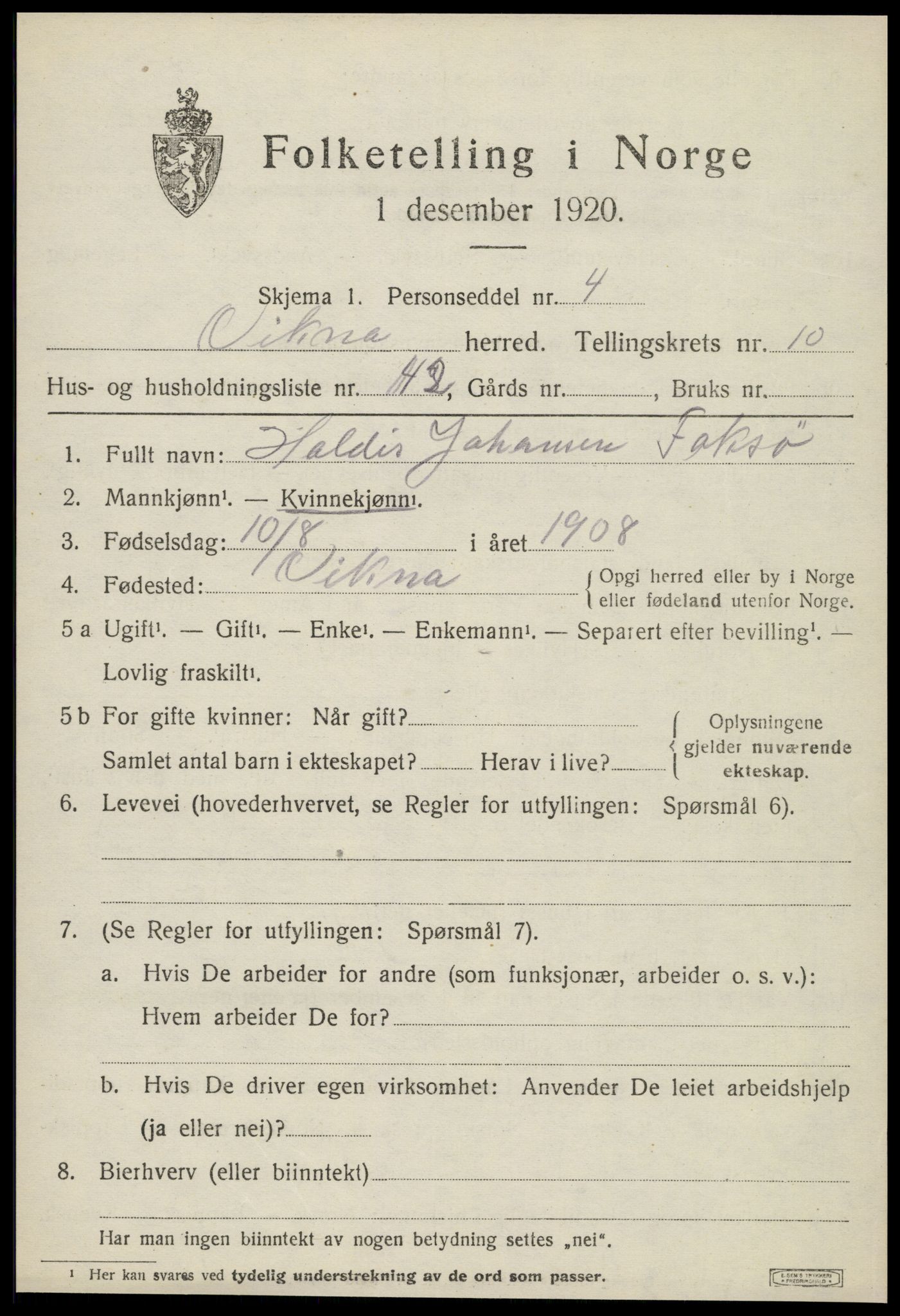 SAT, 1920 census for Vikna, 1920, p. 7333