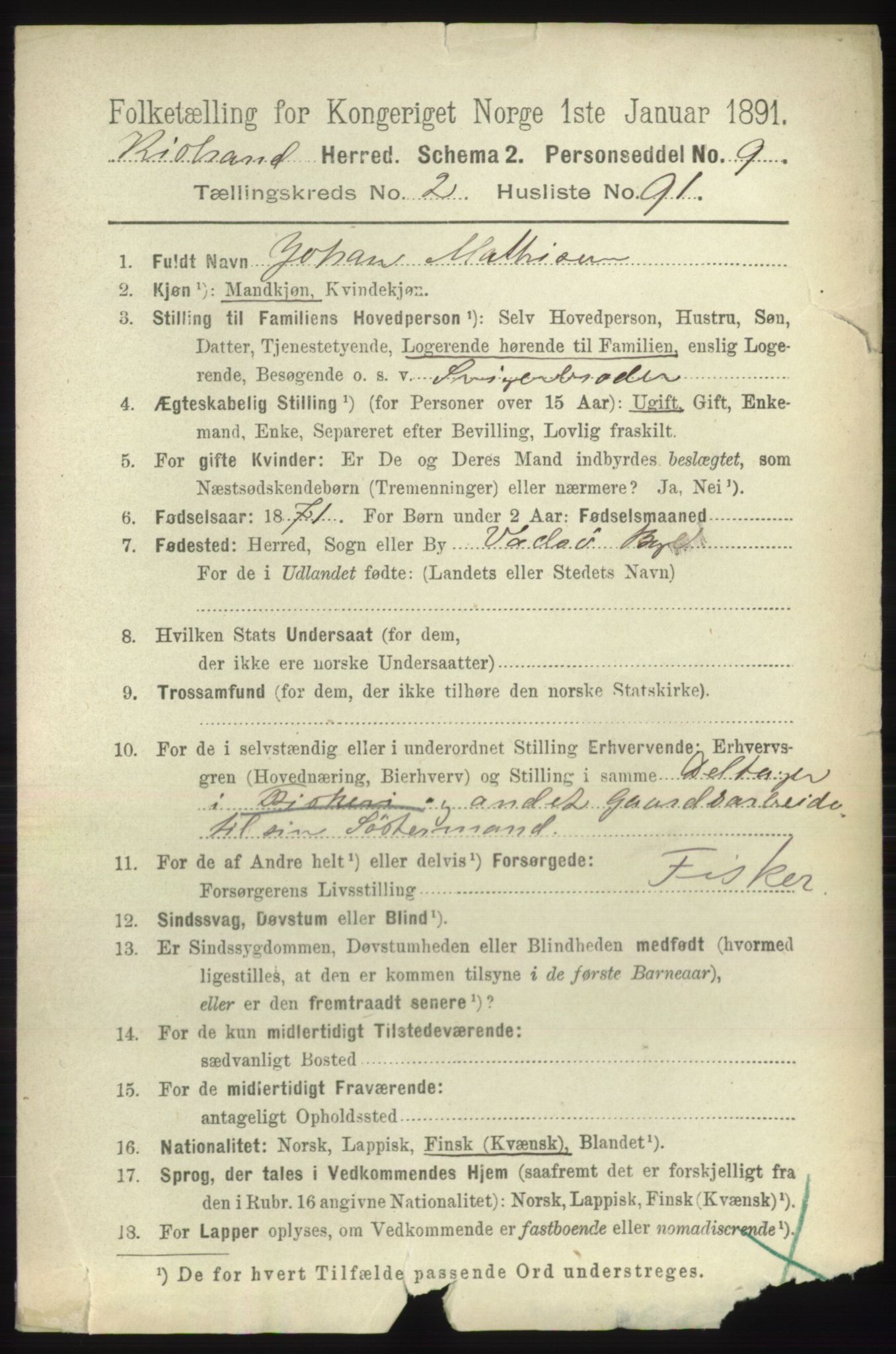 RA, 1891 census for 2020 Kistrand, 1891, p. 1168