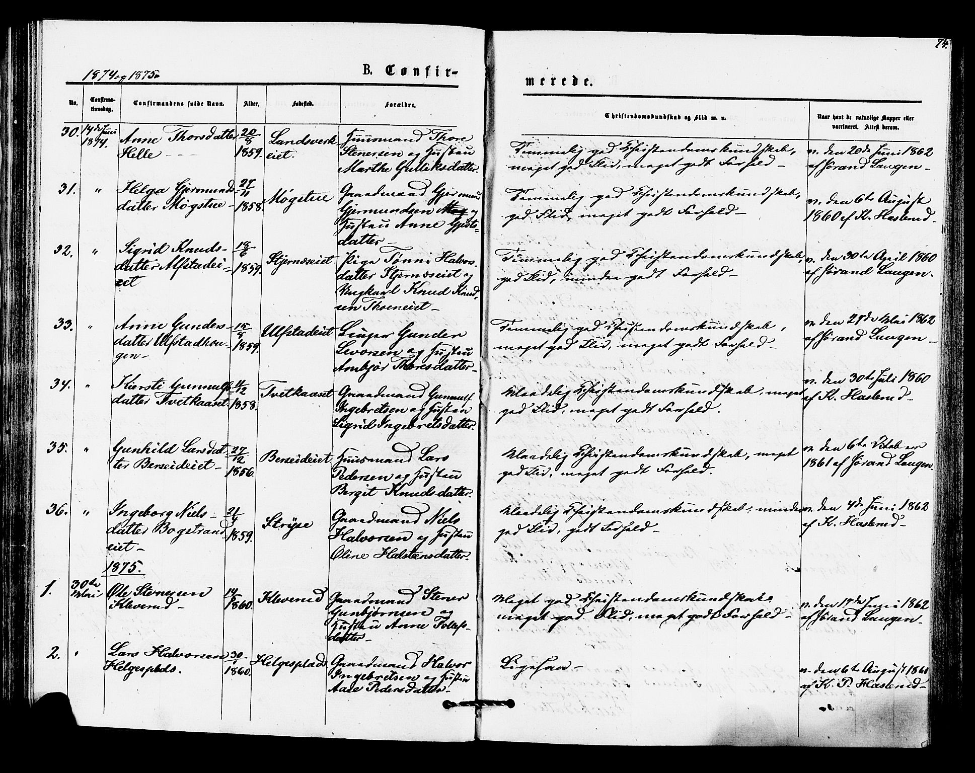 Rollag kirkebøker, SAKO/A-240/F/Fa/L0010: Parish register (official) no. I 10, 1874-1877, p. 74