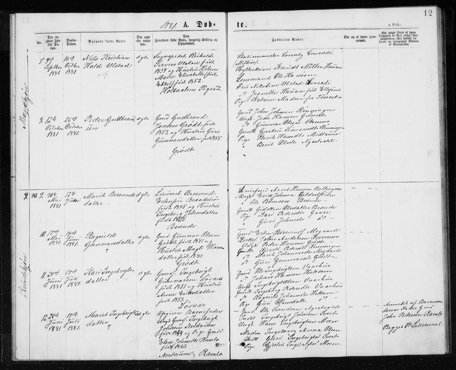 Ministerialprotokoller, klokkerbøker og fødselsregistre - Sør-Trøndelag, AV/SAT-A-1456/685/L0977: Parish register (copy) no. 685C02, 1879-1890, p. 12