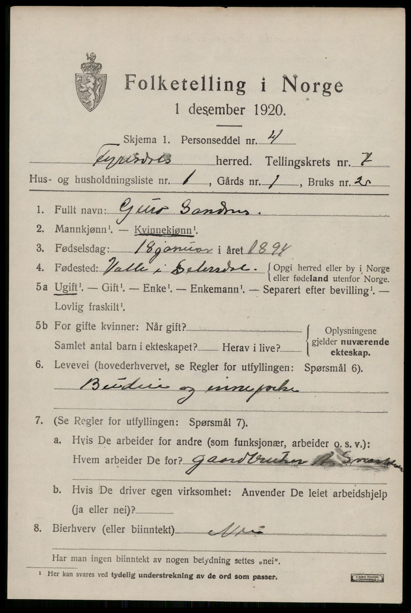 SAKO, 1920 census for Fyresdal, 1920, p. 2677