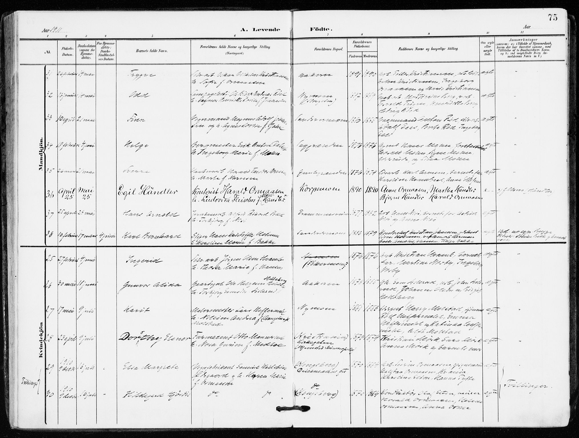 Kongsberg kirkebøker, AV/SAKO-A-22/F/Fb/L0004: Parish register (official) no. II 4, 1906-1918, p. 75