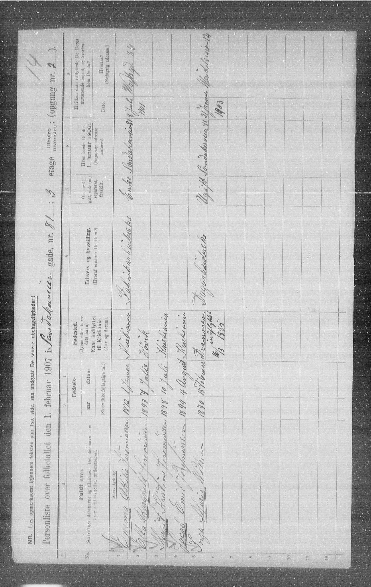 OBA, Municipal Census 1907 for Kristiania, 1907, p. 44696