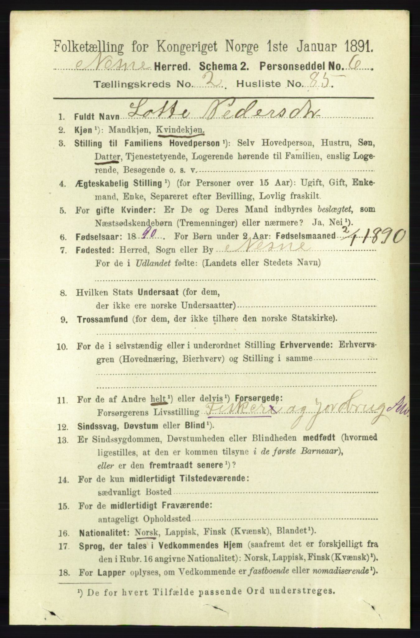 RA, 1891 census for 1828 Nesna, 1891, p. 1390