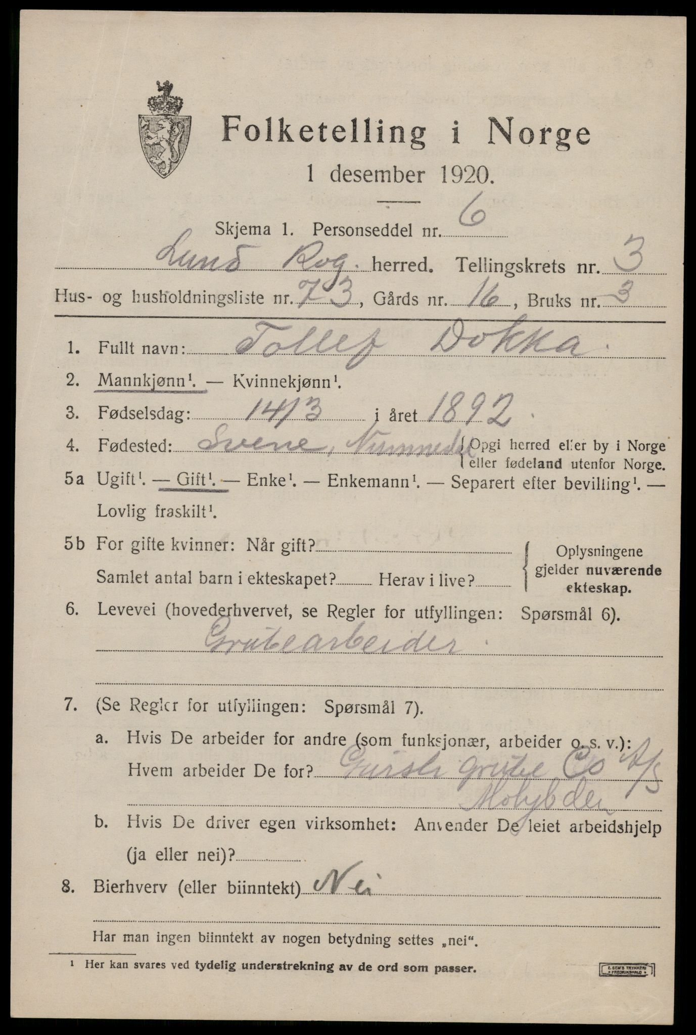 SAST, 1920 census for Lund, 1920, p. 2116