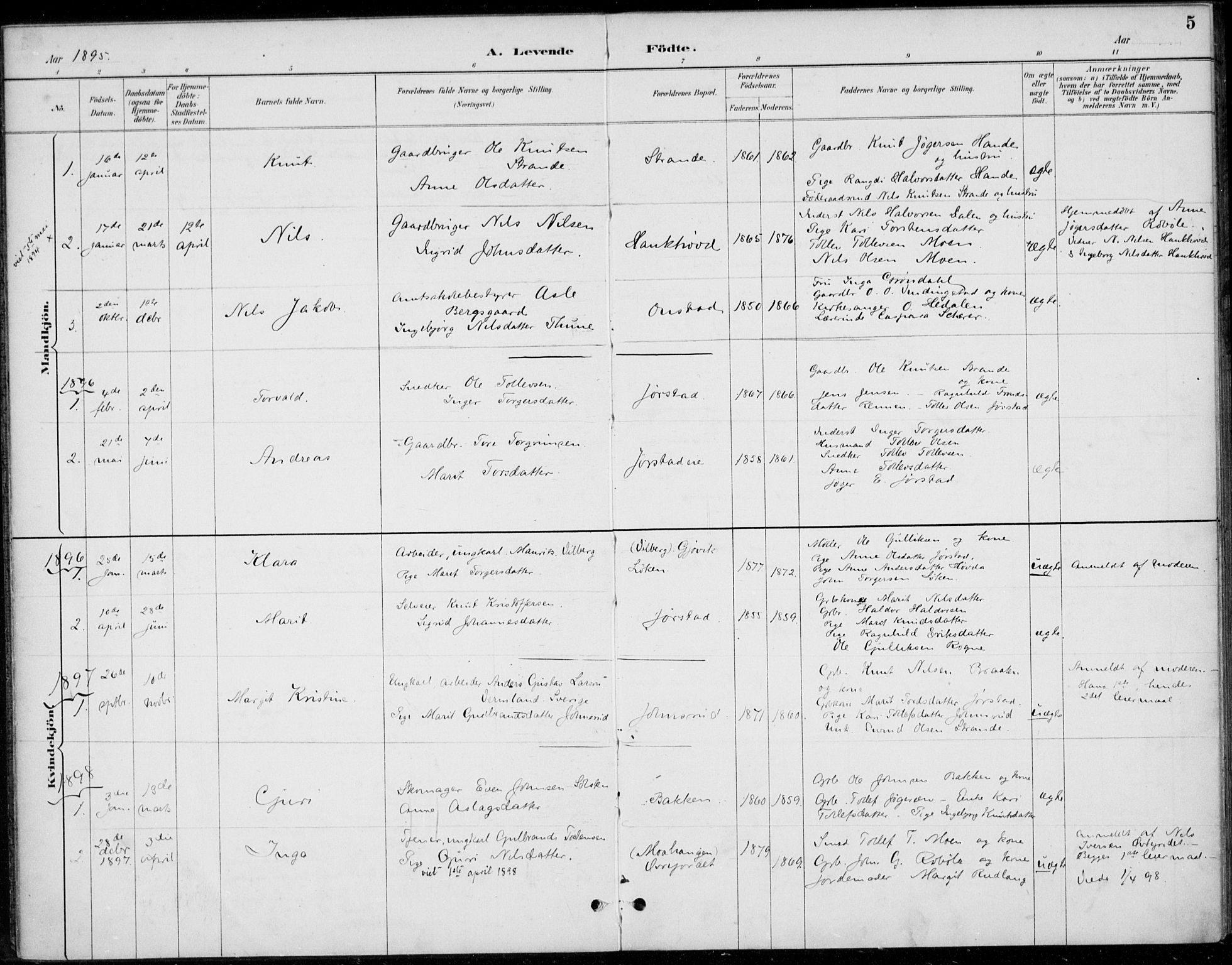 Øystre Slidre prestekontor, SAH/PREST-138/H/Ha/Haa/L0005: Parish register (official) no. 5, 1887-1916, p. 5