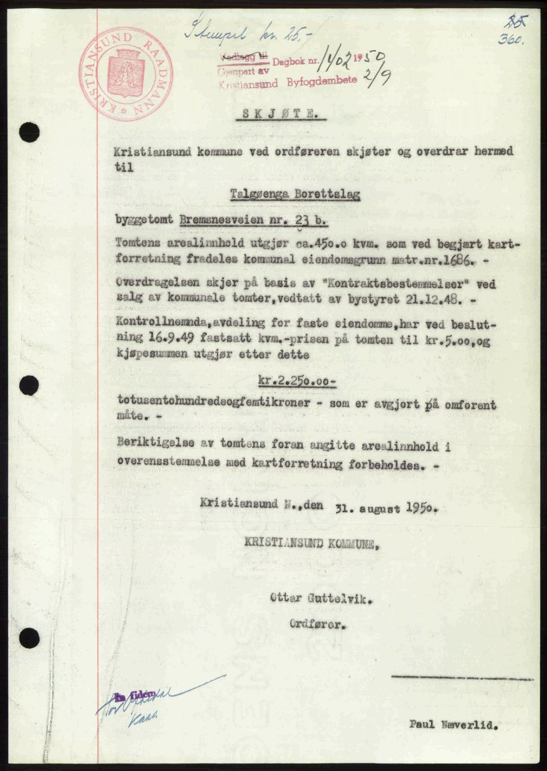 Kristiansund byfogd, AV/SAT-A-4587/A/27: Mortgage book no. 46, 1949-1950, Diary no: : 1402/1950