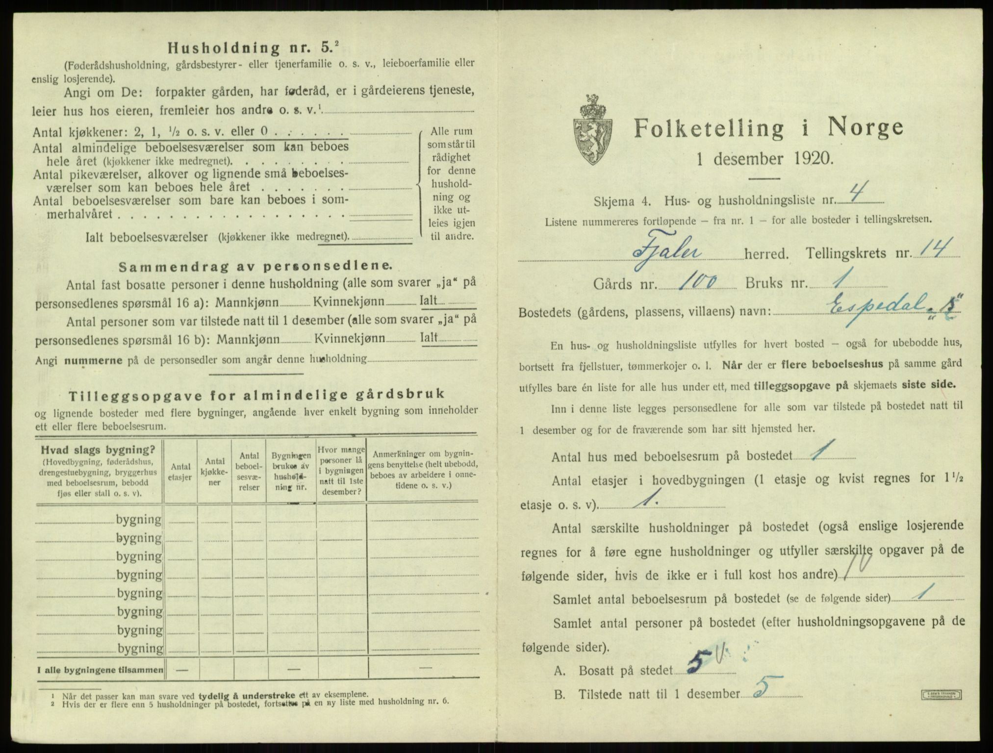 SAB, 1920 census for Fjaler, 1920, p. 1165