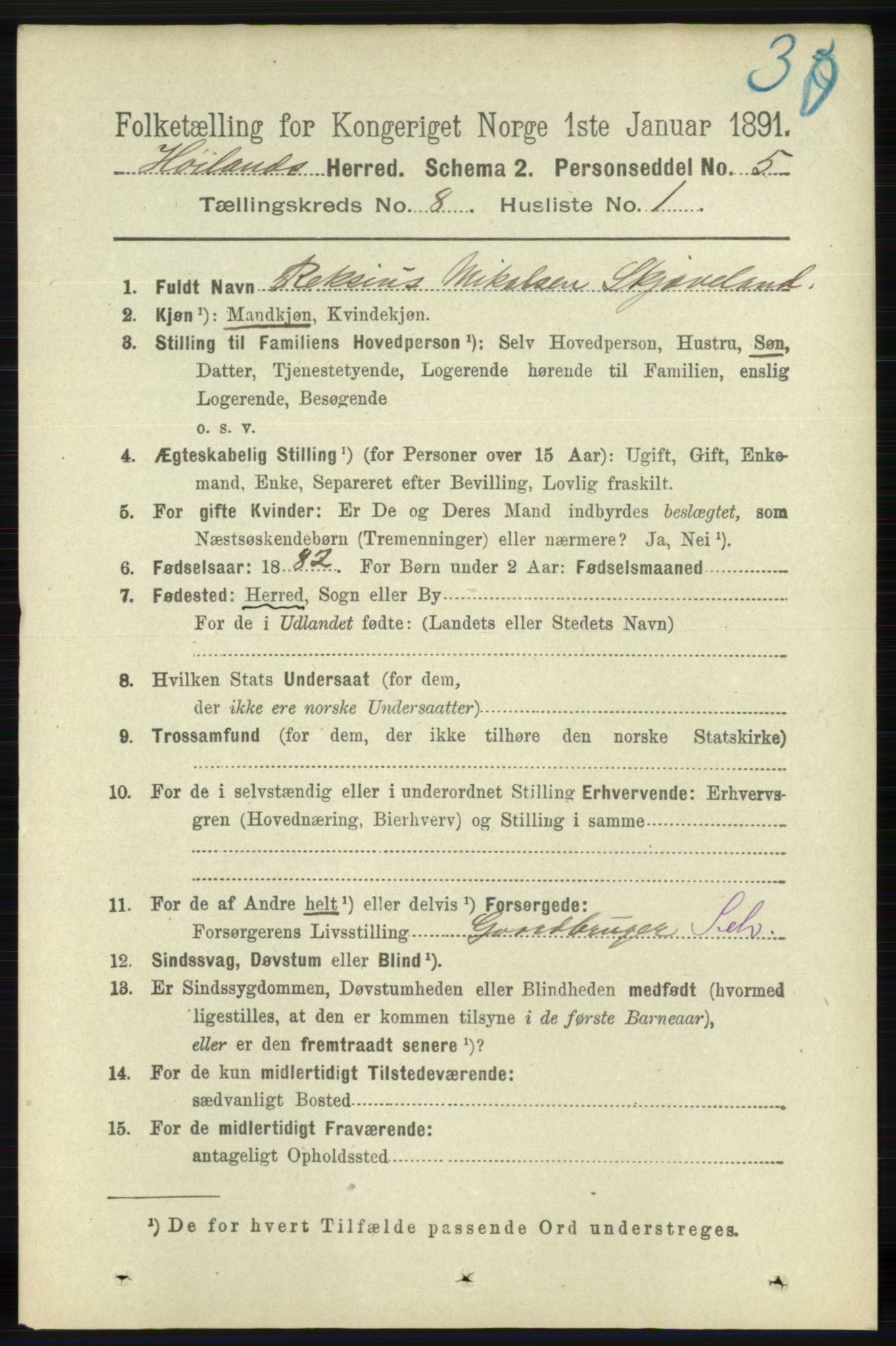 RA, 1891 census for 1123 Høyland, 1891, p. 2965