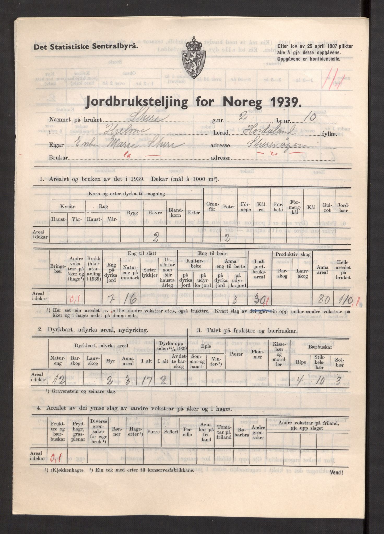 Statistisk sentralbyrå, Næringsøkonomiske emner, Jordbruk, skogbruk, jakt, fiske og fangst, AV/RA-S-2234/G/Gb/L0211: Hordaland: Herdla, Hjelme og Manger, 1939, p. 1375