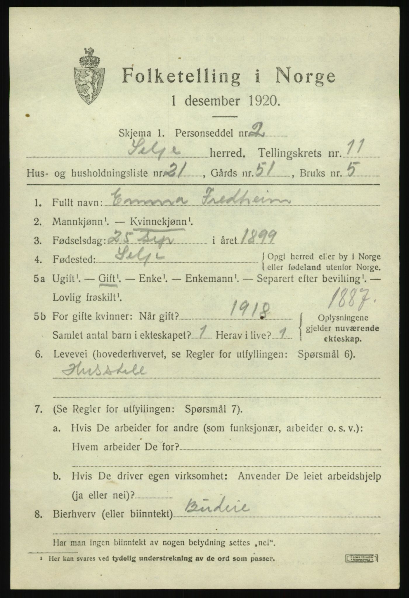 SAB, 1920 census for Selje, 1920, p. 5127