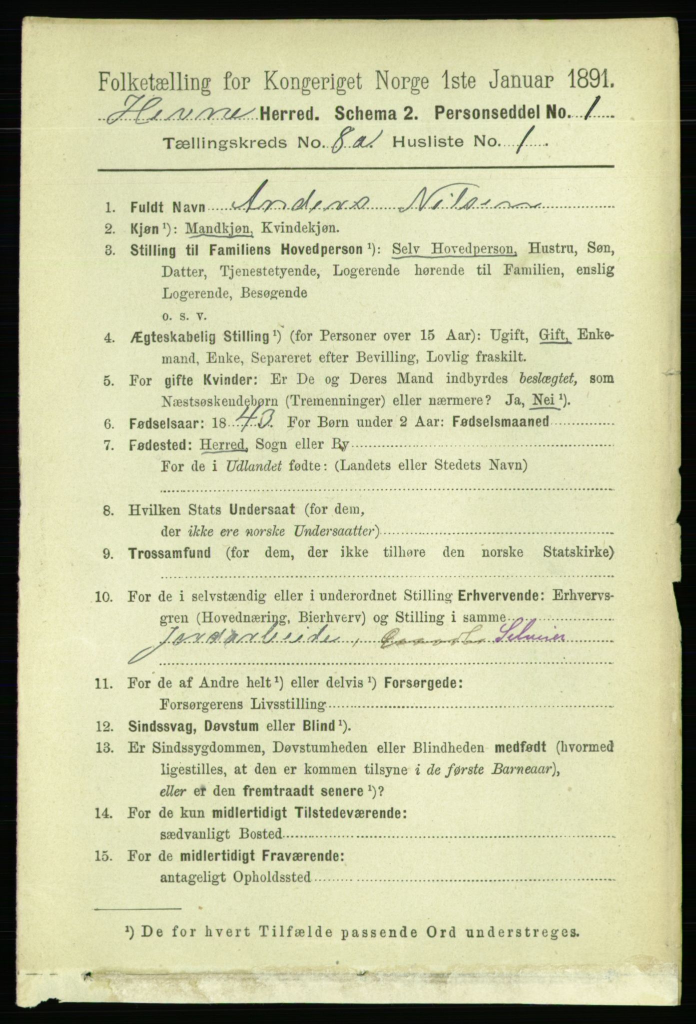 RA, 1891 census for 1612 Hemne, 1891, p. 4928