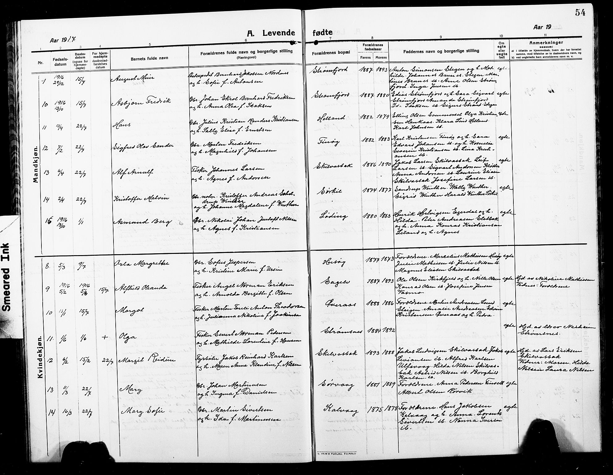 Ministerialprotokoller, klokkerbøker og fødselsregistre - Nordland, SAT/A-1459/859/L0861: Parish register (copy) no. 859C07, 1910-1925, p. 54