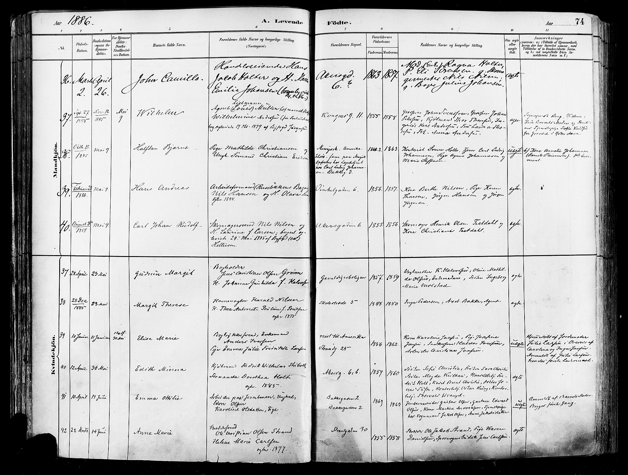 Johannes prestekontor Kirkebøker, SAO/A-10852/F/Fa/L0003: Parish register (official) no. 3, 1882-1896, p. 74