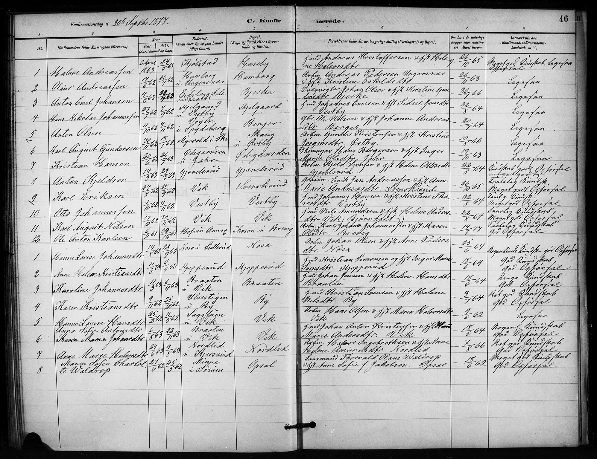 Enebakk prestekontor Kirkebøker, AV/SAO-A-10171c/F/Fb/L0001: Parish register (official) no. II 1, 1877-1902, p. 46